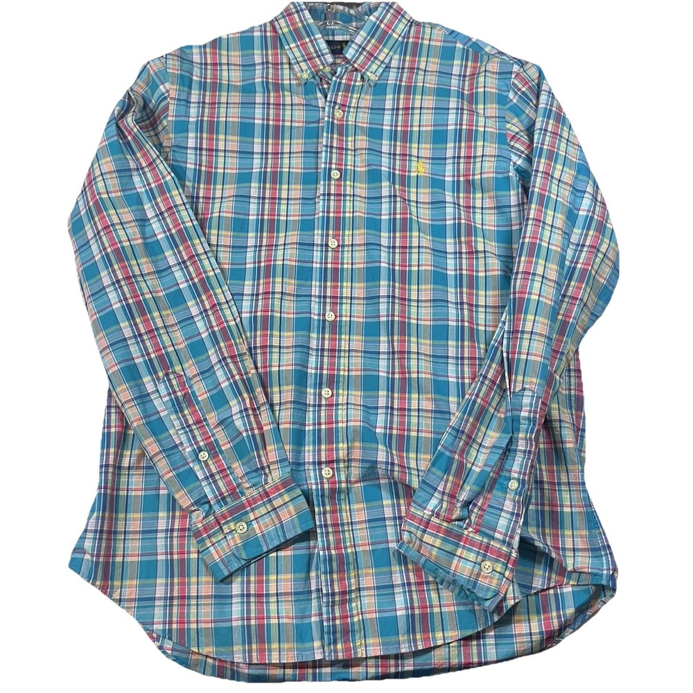 Ralph Lauren Long Sleeve Plaid Button Down Collar Shirt Pastel Men's MEDIUM EUC